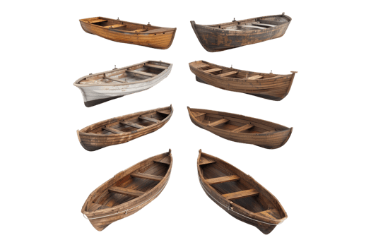 Collection of wooden boats isolated on transparent back ground png