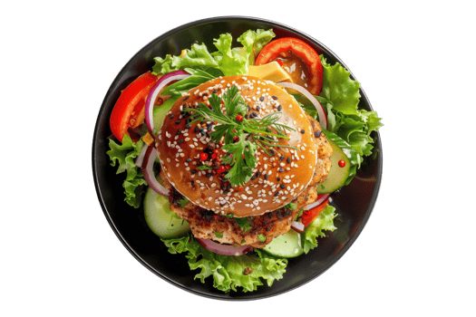 Top view of chicken burger with green salad isolate on transparent background png
