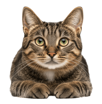 European shorthair cat lying down with front paws image isolated transparent. Feline yellow green eyes. Tabby kitty cut out . Pet felis catus domestic animal cutout photography png