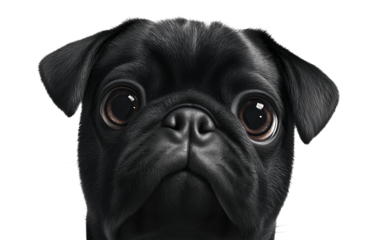 Closeup black pug dog with glossy eyes and velvety fur image isolated transparent. Small breed pup peeking out. Canine cut out . Pet meme domestic animal cutout photography png