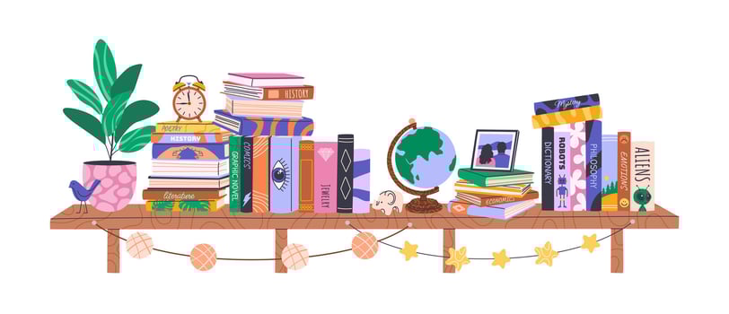 Stacks of books and home decor on bookshelf. Library collection with educational literature, novels, encyclopedias. Isolated horizontal illustration on white for World Book Day or Back to School. vector