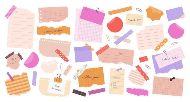 Big set of different torn paper notes, stickers, to do list, notebook, duct tapes, paper clips. Isolated flat sticky elements, planners, reminders for mood boards, scrapbooking, craft designs. vector