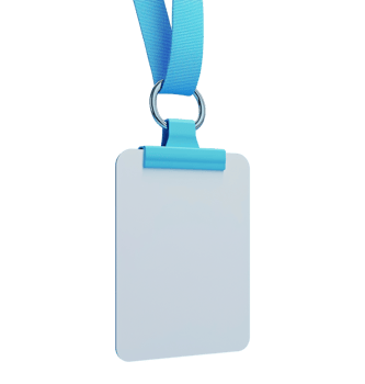 Empty ID badge with blue clip lanyard image isolated transparent. Vertical pass visitor. Identity holder cut out . Office identification cutout element object photography png