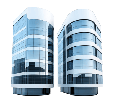 Two modern office buildings with curved architecture image isolated transparent. Reflective glass exteriors isolated cutouts 3d render. Realty real estate cut outs design collection png