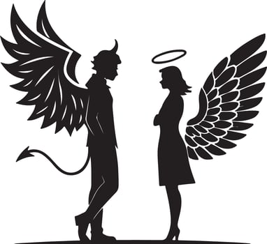 Dramatic Silhouette of Angel and Devil Facing Off, Symbolic of Good vs. Evil, a Dark and Mysterious Illustration vector