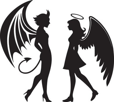 Enchanting Silhouette of Angel and Devil Facing Each Other, a Dramatic Black and White Illustration of Good vs Evil vector