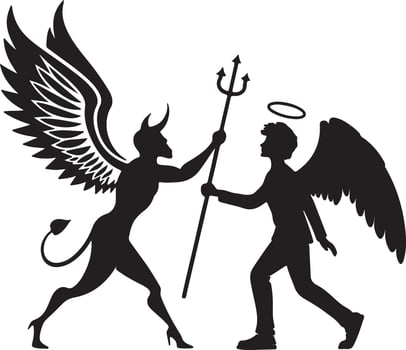 Dramatic Silhouette of Angel and Devil Grappling for a Trident in a High-Contrast, Symbolic Showdown vector