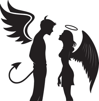 Romantic Silhouette of an Angel and Devil in Love, Embracing Opposites in a Dark and Mysterious Setting vector