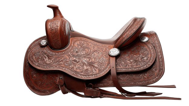 Elegant embossed leather western saddle isolated on transparent background png