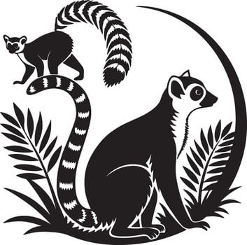 Majestic Ring-Tailed Lemurs in Tropical Paradise Serene Black and White Illustration of Exotic Wildlife - Professional digital artwork with vibrant colors and detailed composition vector