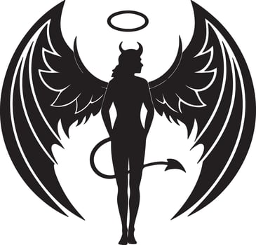 Mysterious Fallen Angel Silhouette with Devilish Wings and Halo Dark Fantasy Art - Professional digital artwork with vibrant colors and detailed composition vector