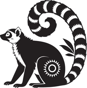 Majestic Ring-Tailed Lemur in Elegant Black and White Silhouette, Sitting Gracefully, Tropical Island Mood - Professional digital artwork with vibrant colors and detailed composition vector