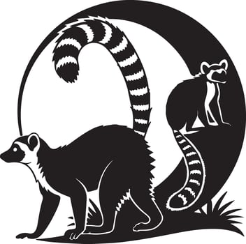 Majestic Lemurs in Silhouette Elegant Black and White Wildlife Art, Tropical Setting, Serene Mood - Professional digital artwork with vibrant colors and detailed composition vector