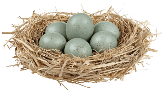 Cluster of green eggs nestled in straw bird nest on transparent background png
