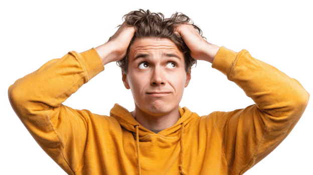 Confused young man holding his head on transparent background png