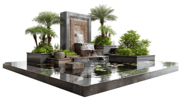 Relaxing water feature mirroring surrounding greenery on transparent background png