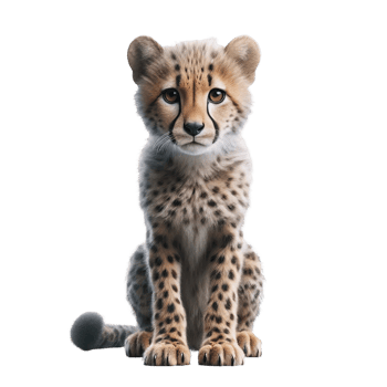 A young cheetah, with vibrant eyes and unique spots, sits attentively. The animal displays an inquisitive demeanor, showcasing its charm in a simple studio background png