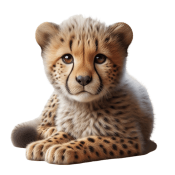 A young cheetah cub relaxes on a smooth surface, showcasing its soft, spotted fur and expressive eyes. The adorable animal appears calm and curious, capturing attention effortlessly png