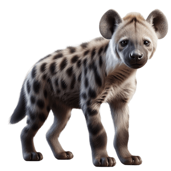 A young hyena cub stands playfully with soft fur and unique spots, showcasing curiosity and innocence in its natural environment during the day. The cub's charming expression adds to its allure png