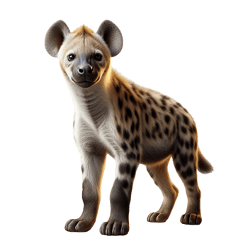 A young hyena with soft, spotted fur stands playfully, showing curiosity. Its large ears and bright eyes add to its charm in a simple setting, emphasizing its youthful energy and personality png