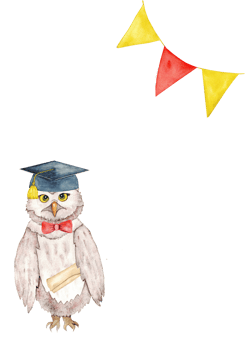 Graduation celebration with owl and festive flags design. End of course. Vertical banner, card, invitation, poster. Copy space. Isolated. Hand drawn. Template for education concept png