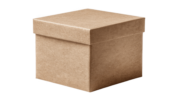 Closed light brown cardboard box with lid on transparent background png