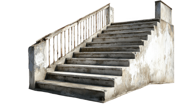 Old concrete staircase leading upwards with rusty railing on transparent background png