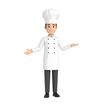 Smiling cartoon young male in European chef uniform character and hand gestures for business presentation 3D Icon png