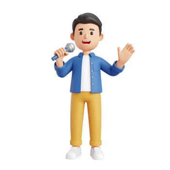 Smiling cartoon handsome man reporter holding microphone character and hand gestures 3D Icon png