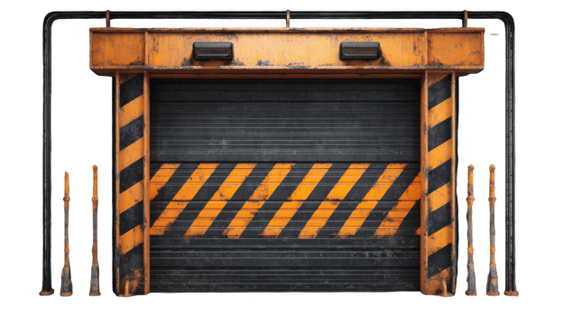 Old industrial door with orange and black caution stripes on transparent background png