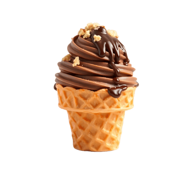 Delicious chocolate soft serve ice cream cone with chocolate syrup and nuts on transparent background png