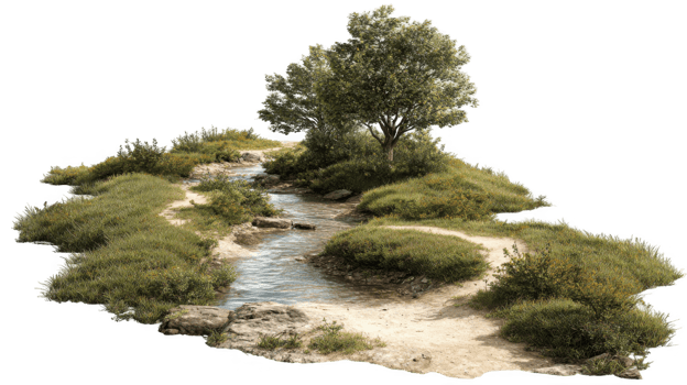 Peaceful river crossing beside a quiet dirt road with transparent background png