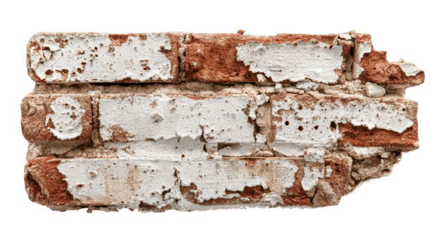 Deteriorating red bricks with damaged white paint on transparent background png