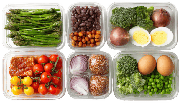 Healthy meal prep ingredients organized in containers on transparent background png