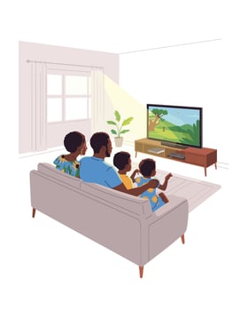 African American Family Watching Television Together at Home in a Cozy Living Room vector