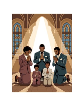 African American Family Praying Together in Church Under Holy Light Illustration vector