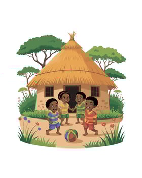 African Children Playing Soccer Near Traditional Hut Illustration vector