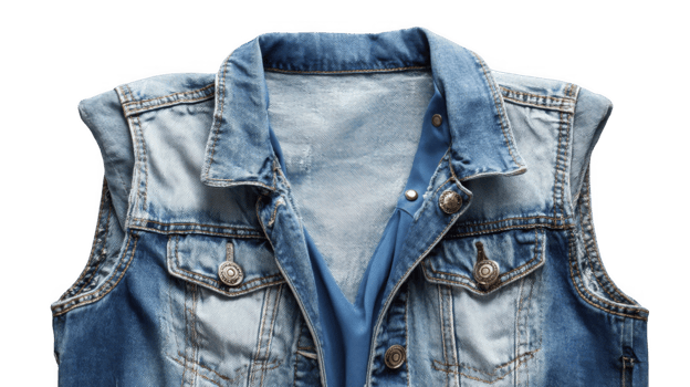 Denim vest worn over denim top on transparent background png
