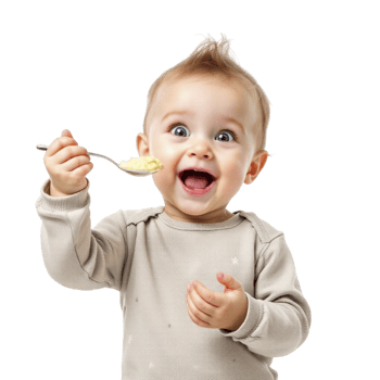 A baby is holding a spoon with food in it png