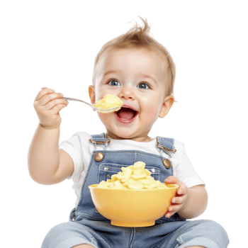 A baby in overalls eating a bowl of cereal png