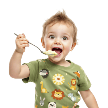 A young boy is eating a spoonful of yogurt png
