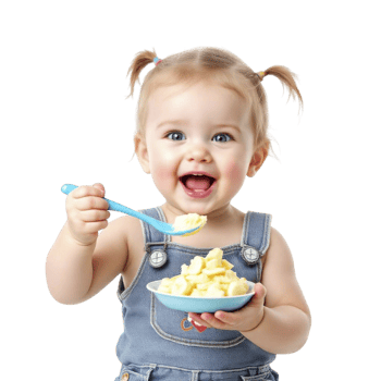 A little girl in overalls eating a bowl of food png