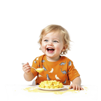 A toddler eating macaroni and cheese with a spoon png