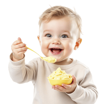 A baby is eating a bowl of yogurt png