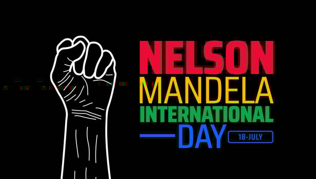 Nelson Mandela International Day background or banner Raised Outline Fist with Colorful Typography on Black Background, Symbolizing Justice and Equality. vector