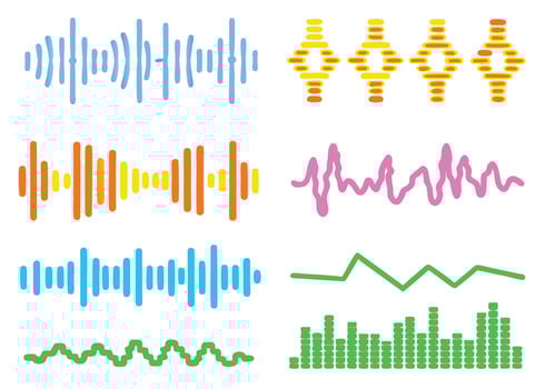 Colorful sound wave icons illustrate digital audio, music, and technology with a vibrant equalizer graph design vector