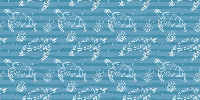 Seamless ocean life pattern with sea turtles and seaweed. Hand drawn marine elements on blue background for fabric, packaging. vector