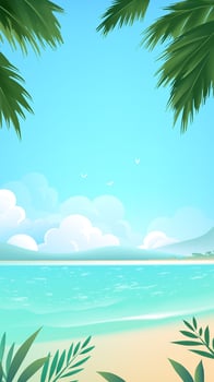 Tropical beach with palm leaves and blue sky vector