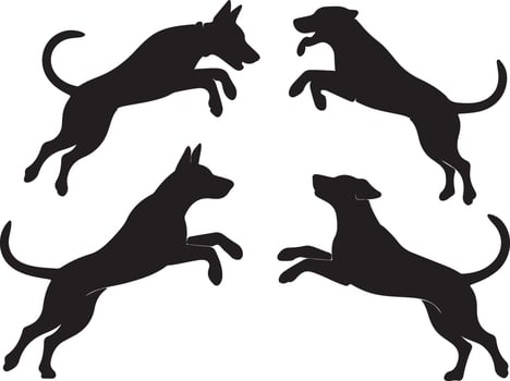 Four Black Dog Silhouettes Leaping Dynamically Against White Background Canine Action Poses Illustration vector