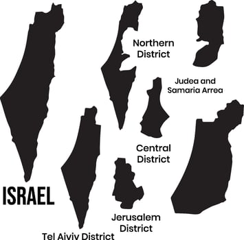 Israel Map Silhouette Set with Labeled Districts vector